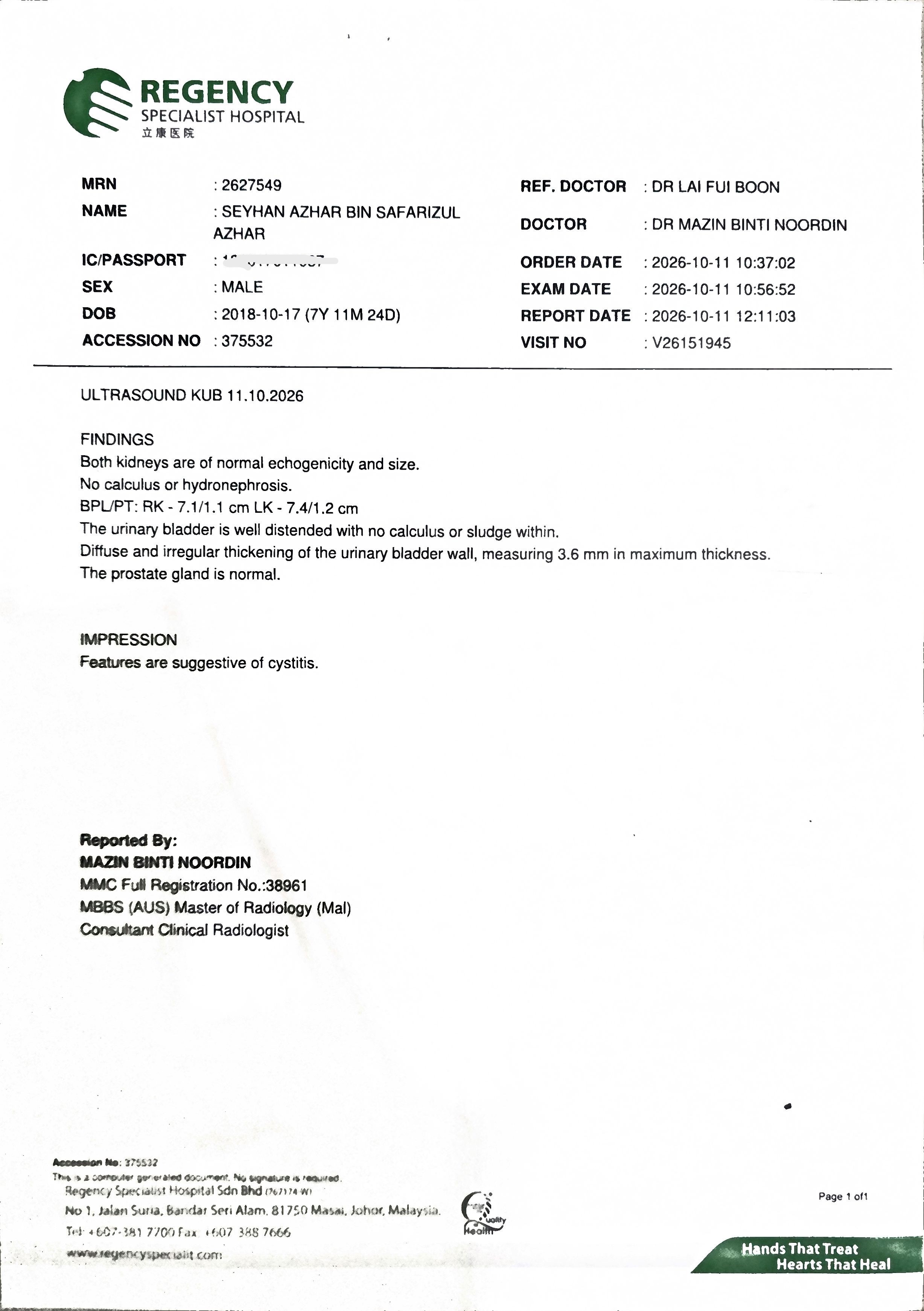 Laporan ultrabunyi Regency · 11/10/2026